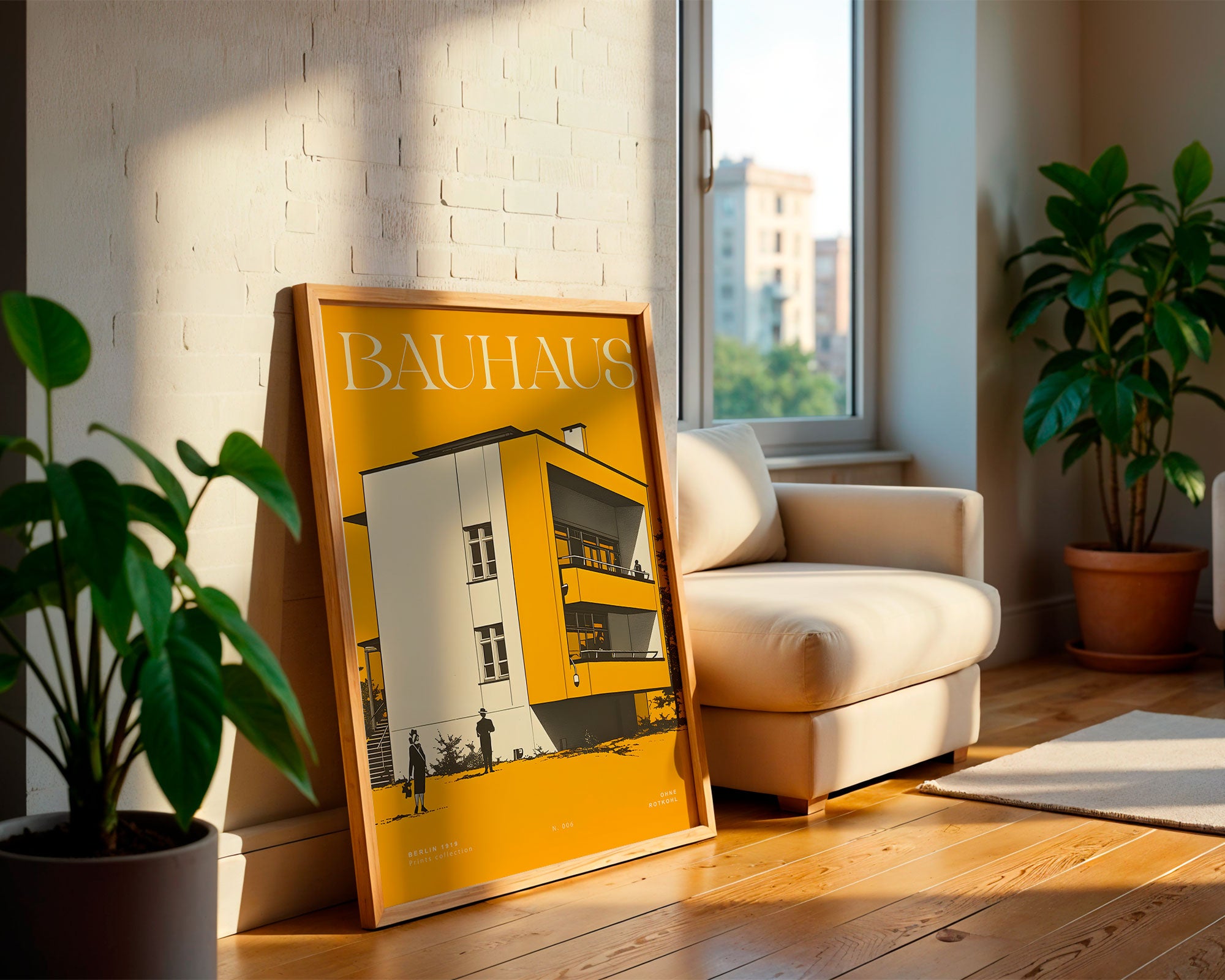 Gelbes Bauhaus Poster on white wall – bold yellow geometric art print