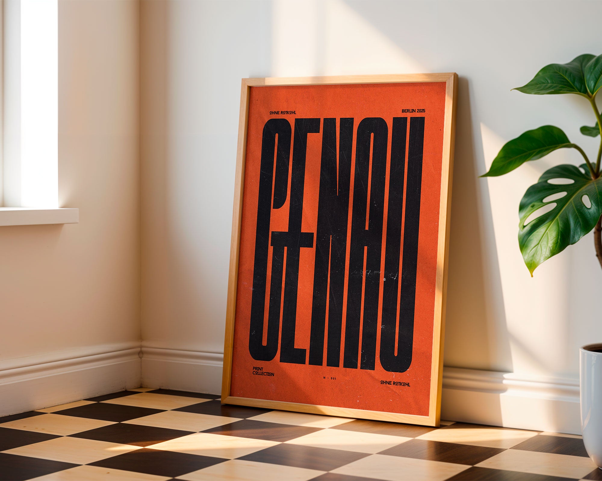 Genau Poster detail – bold orange lettering, original Berlin graphic design