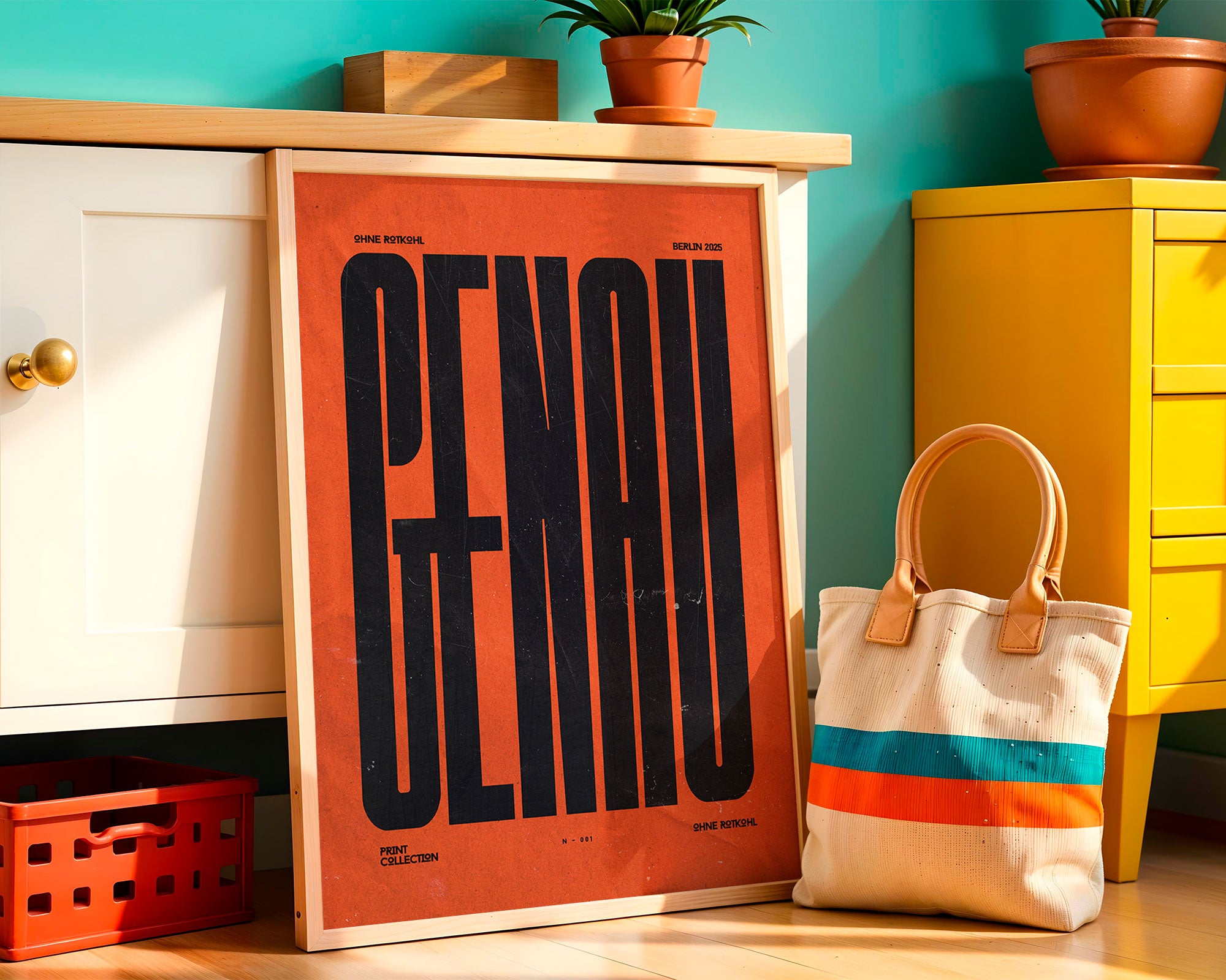Genau Poster framed on white wall – typographic art print from Berlin